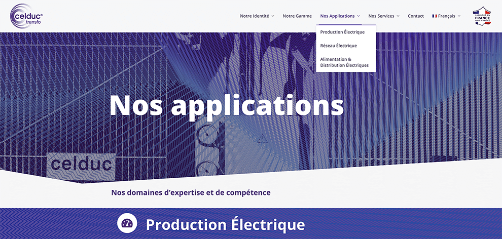 présentation page "nos applications" du site celduc-transfo.com